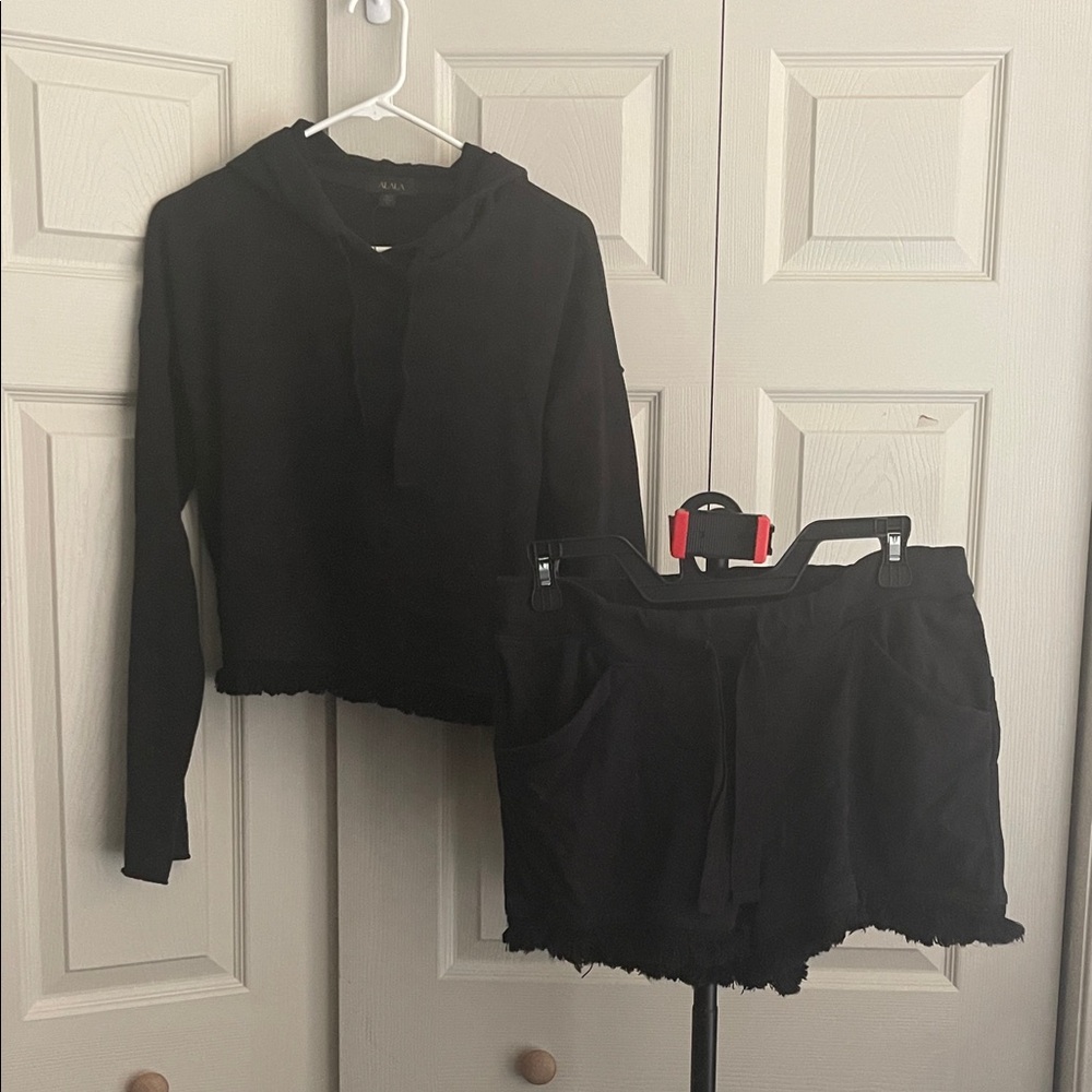 Alala women's black 2-piece set: raw hem cropped hoodie & matching shorts. #0205